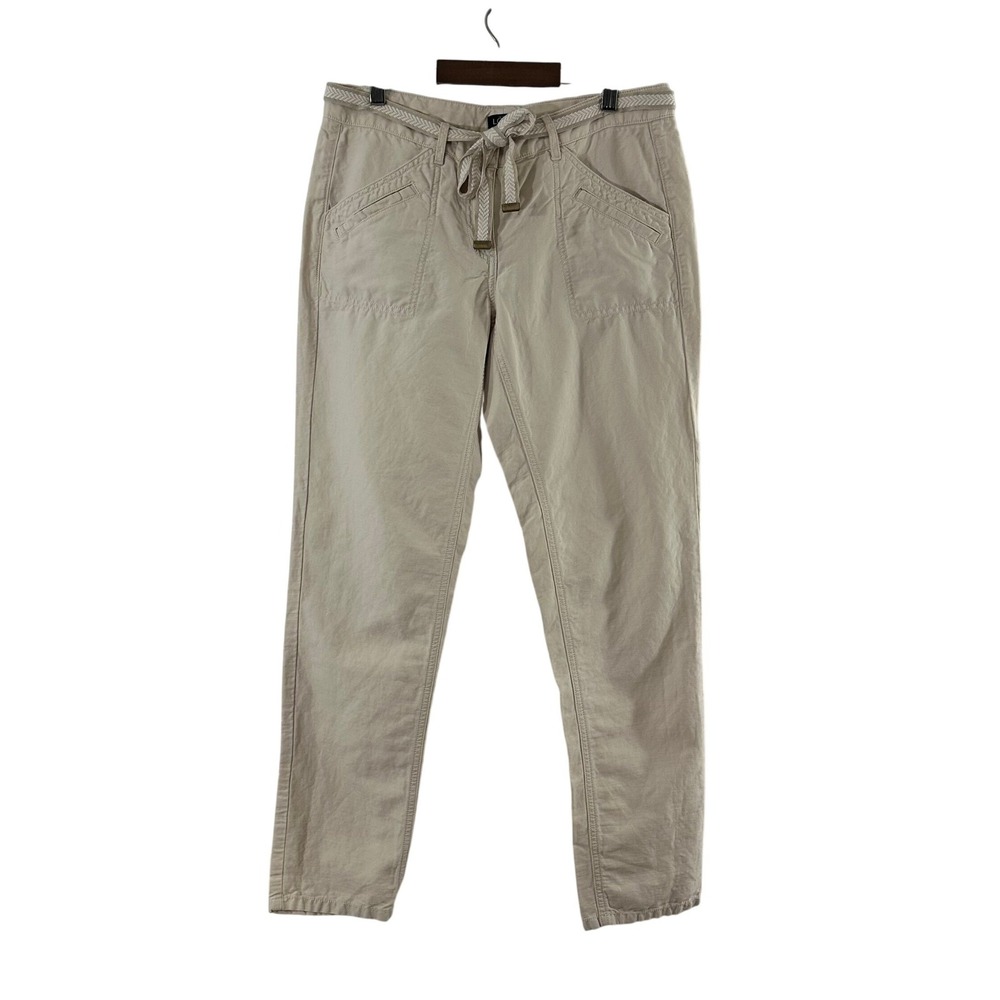 Ann Taylor Loft Linen Cotton Utility Pants Beige Braided Belt Size 2 Tapered Leg